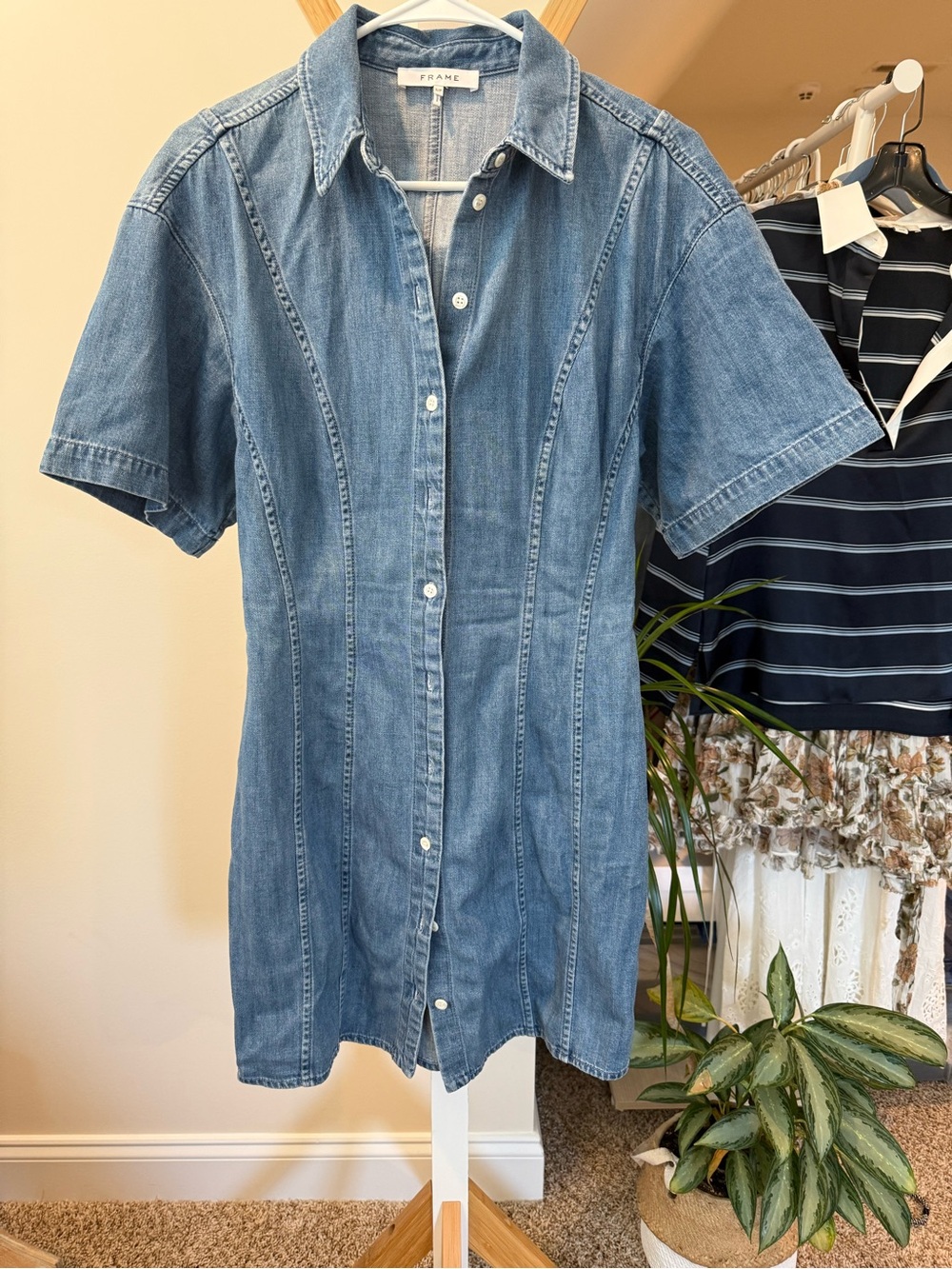 Frame Denim Blue Denim Short-Sleeve Mini Dress